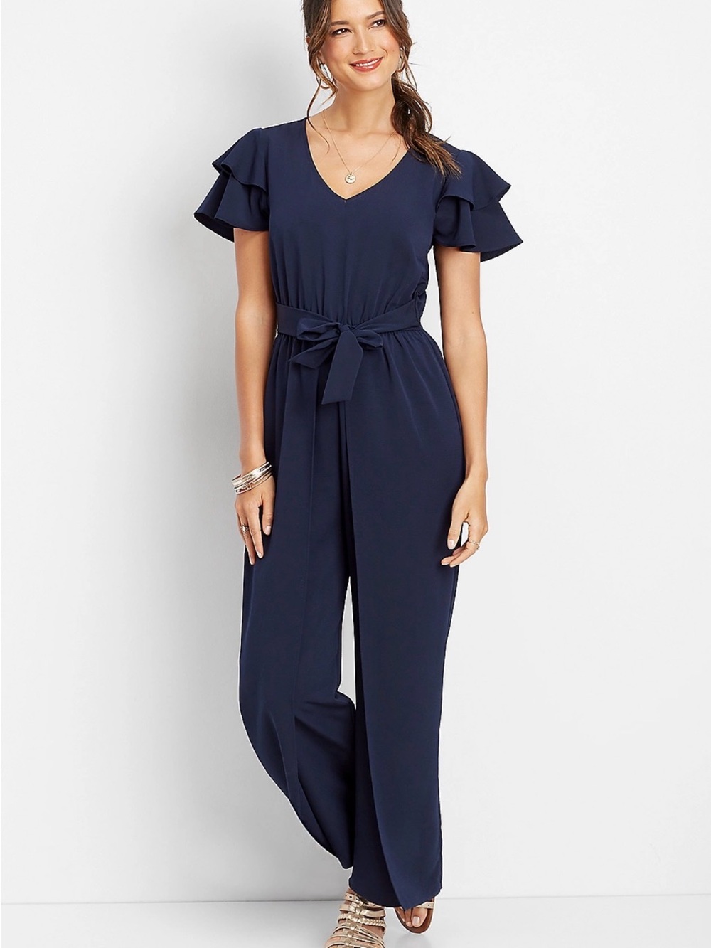 Maurices Navy Ruffle-Sleeve Wide-Leg Jumpsuit with Waist Tie Belt